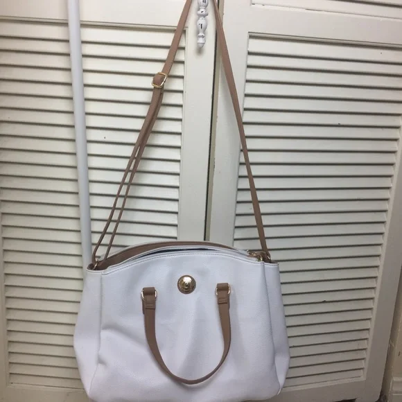 TOMMY HILFIGER WHITE & TAN LEATHER HANDBAG PURSE - Picture 7 of 8